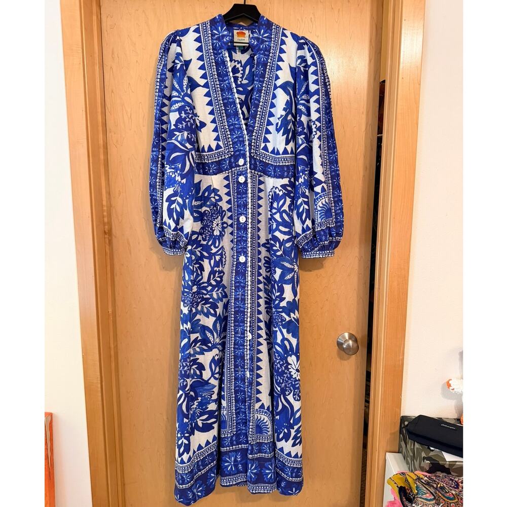 FARM Rio Blue Floral Linen Blend Button Front Maxi Dress Large - Picture 4 of 7